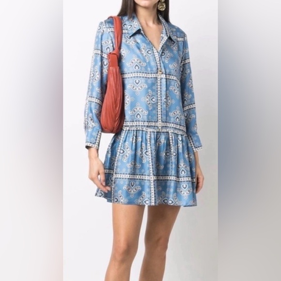Sandro Dresses & Skirts - Sandro Blue Paisley Long Sleeve Collared Chloe Silk Mini Dress **Size 40/US 8**